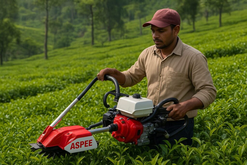 Modern Aspee tea plucking machine harvesting tea leaves in plantation field